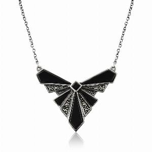 Art Deco Style Black Onyx Cabochon  Marcasite Necklace in 925 Sterling Silver