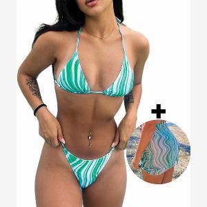 Bikini Damen Ariya Bikini 3er Set Sexy Bikinis Damen Bikini Set Damen Bademode Damen  Grün mit Weiß  INKLUSIVE Coverup Rock