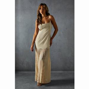 Womens Square Neck Pleated Chiffon Maxi Dress  nude  8 Nude