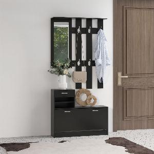Homcom Ensemble de Meubles dEntrée Design Contemporain Meuble Chaussures Miroir et Panneau PorteManteau Panneaux de Particules Noir Imitation Bois