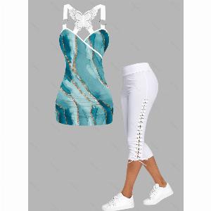 Lace Butterfly Print Top with Laced Leggings Ensemble