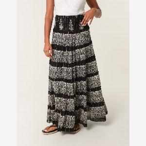 Foil Tiered Maxi Skirt  SM  BLACK