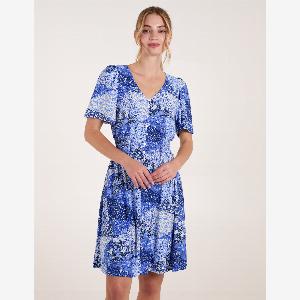 Shirred Waist Button Front Patchwork Mini Dress SM BLUE