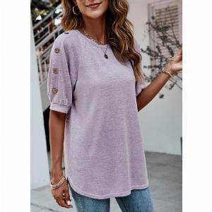 Decorative Button Purple Half Sleeve T Shirt