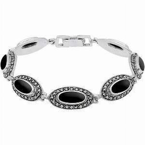 Sterling Silver Whitby Jet Marcasite Slim Oval Link Bracelet