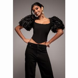 Goddiva 3D Textured Sleeve Scuba Corset Top  Black