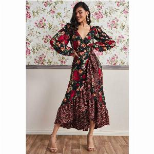 Get 46 Discount on Goddivas Red Print Frill Hem Wrap Maxi Dress