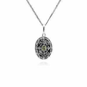 Art Nouveau Style Oval Peridot  Marcasite Locket Necklace in 925 Sterling Silver