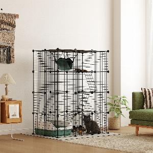 PawHut Cage pour chat dintérieur parc pour chat en acier à 4 niveaux DIY avec 5 portes hamac 13 chats 105 x 70 x 140 cm noir