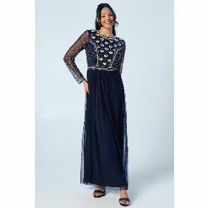 Pearl Drop Long Sleeve Two In One Bridesmaid Dress  Navy
