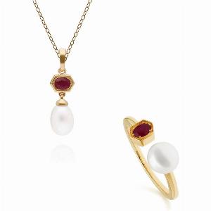 Get 30 Off Contemporary Pearl and Ruby Ring and Pendant Set in GoldPlated Silver