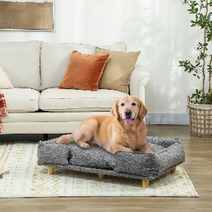 PawHut Hundesofa Hundecouch mit Rückenlehne Holzbeine Hundebett mit Polyester Haustiersofa Katzensofa für große Hunde bis zu 30 kg und 60 cm Schulterhöhe 96 x 66 x 24 cm Dunkelgrau   Aosom