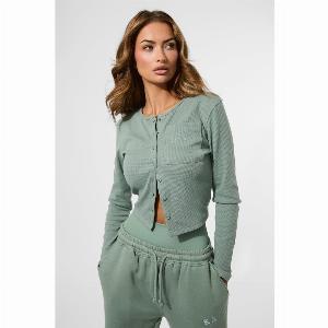 Enjoy 28 Discount on the Kaiia Waffle ButtonUp Long Sleeve Top in Green Tea