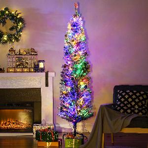 HOMCOM 6 Artificial Prelit Christmas Trees Holiday Décor with Warm White LED Lights Flocked Tips Berry Pine Cone