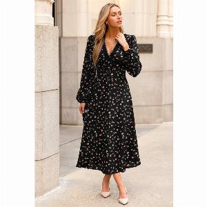 Robe florale noire col V