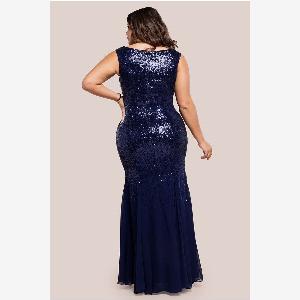 Goddiva Plus Chiffon  Sequin Embroidered Bardot Maxi Dress  Navy Blue