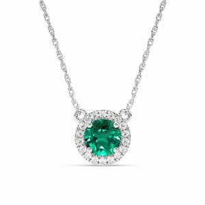 Dainty Lab Created Dynasty Halo Diamond Necklace  10K White Gold 120 ct tw Diamond  4mm Round Emerald