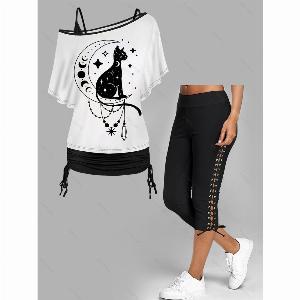 Ensemble de Tshirt Moulant Déchiré Motif de Chat et de Lune à Lacets