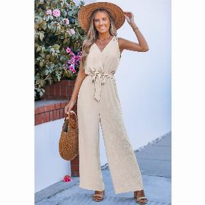 Combinaison à jambes larges et col surplis boho beige