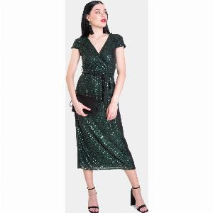 Green Sequin Belted Midi Wrap Dress