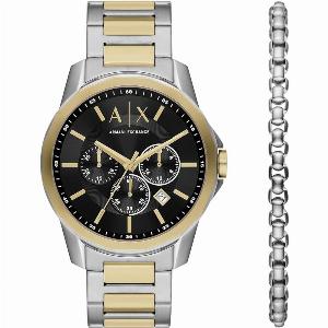 Armani Exchange Banks Chronograph Quartz Black Dial Stainless Steel Strap Mens Watch and Bracelet Set AX7148SET