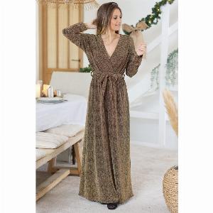 Robe longue de fêtes lamée doré cache cœur avec ceinture