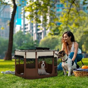 PawHut Foldable Dog Pen with Storage Bag for IndoorOutdoor Use Brown   Aosom UK