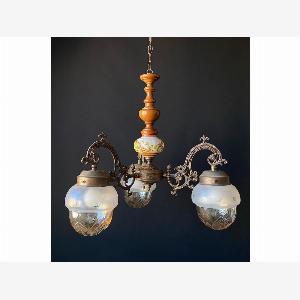 Lampadario vintage in ottone bronzo legno e ceramica anni 60