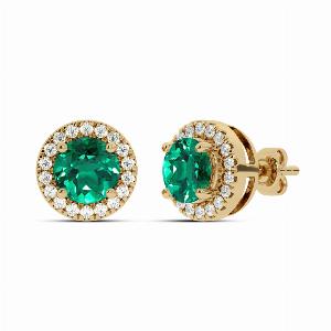 Dainty Lab Grown Diamond Dynasty Halo Earrings  10K Yellow Gold 16 cttw Diamond  4mm Round Emerald