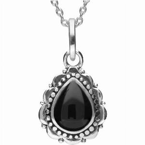 Sterling Silver Whitby Jet Beaded Edge Pear Shape Necklace