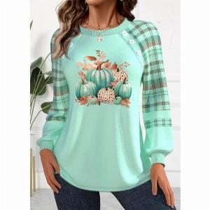 ROTITA Striped Button Pumpkin Print Mint Green Round Neck Sweatshirt