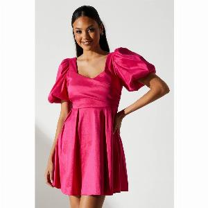 Puff Sleeve Full Skirted Mini Dress with Tie Back  Pink