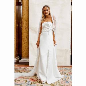 Bandeau Structured Column Wedding Dress with Overskirt  Ivory