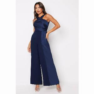 Satin Panelled Cross Neck Fluid Jumpsuit  Navy