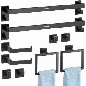 VEVOR Matte Black Bathroom Hardware Set 10Piece Bathroom Accessories Set 2 Stainless Steel 24in Towel Bars 2 Towel Racks 4 Robe Towel Hooks 2 Toilet Paper Holders for Bath Room Wall Mounted