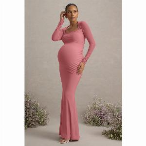 Get 18 Off Abeam Blush Pink Maternity Maxi Dress with Sheer Sleeves