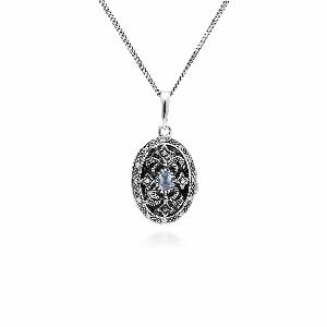 Art Nouveau Style Oval Topaz  Marcasite Locket Necklace in 925 Sterling Silver
