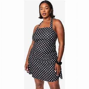 Womens Plus Bengaline Polka Dot Square Neck Mini Dress  Black  20