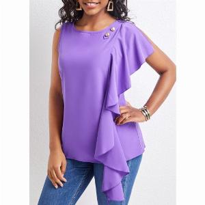 ROTITA Ruffle Purple Round Neck Sleeveless Blouse