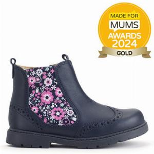 Chelsea girls navy leather zipup ankle boots with floral design