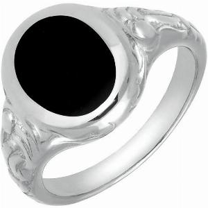 Sterling Silver Whitby Jet Carved Shoulder Oval Signet Ring