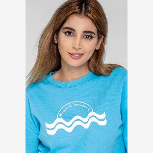 Half Price Enorsia Womens Blue Raw Edge Chest Print Sweatshirt Size 8