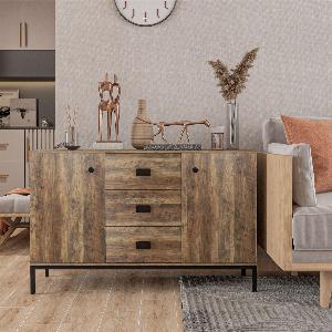 HOMCOM Industrial Sideboard Storage Cabinet Accent Cupboard with Drawers Adjustable Shelves for Kitchen Dining Room Living Room Distressed Brown