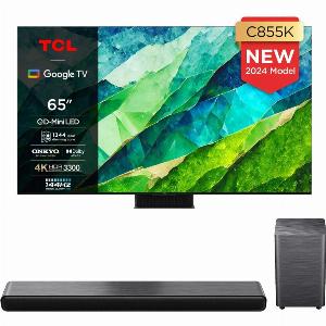 TCL 65C855K 65 Inch C855K 4K UHD HDR QLED Mini LED Smart Google TV and S55H 21ch Dolby Atmos Soundbar with Wireless Subwoofer Bundle 2024