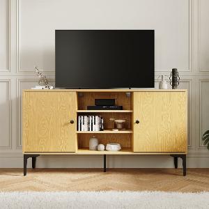 SIRHONA Meuble TV Support télévision Meuble TV style moderne avec porte battante meuble TV couleur imitation bois 140x35x70 cm