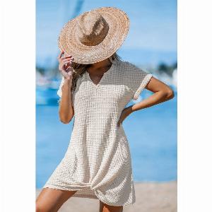 Cover up court en tricot gaufré à ourlet torsadé beige