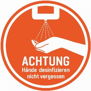 Aufkleber Achtung Hände desinfizieren nicht vergessen  20 cm