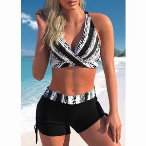 ROTITA Criss Cross Black Tie Dye Print Bikini Top
