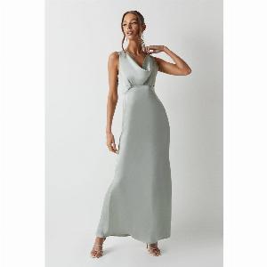 Cowl Front Satin Fishtail Bridesmaids Maxi Dress  Sage