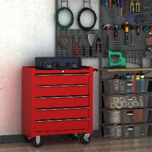 HOMCOM 5 Drawer Tool Box on Wheels Lockable Steel Tool Cabinet with Side Handle for Workshop Garage Red   Aosom UK